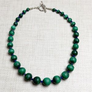Malachite Beaded Necklace with Blue Crystal Spacers Silver Plated Toggle Clasp